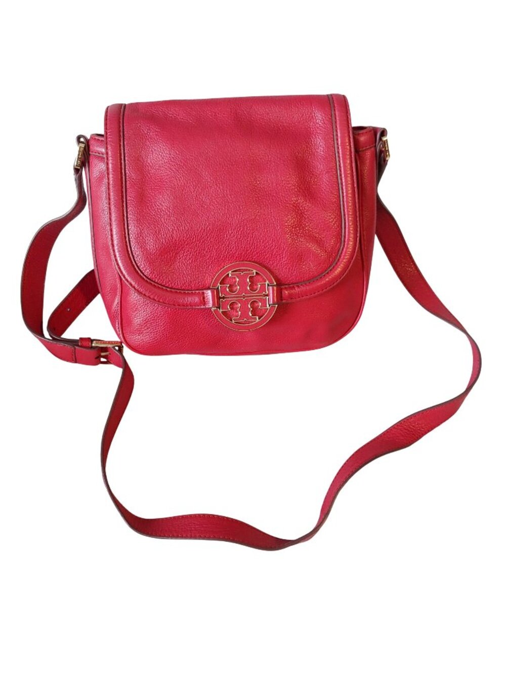 Tory Burch Amanda Red Pebbled Leather Flap Crossbody Bag Gold Logo